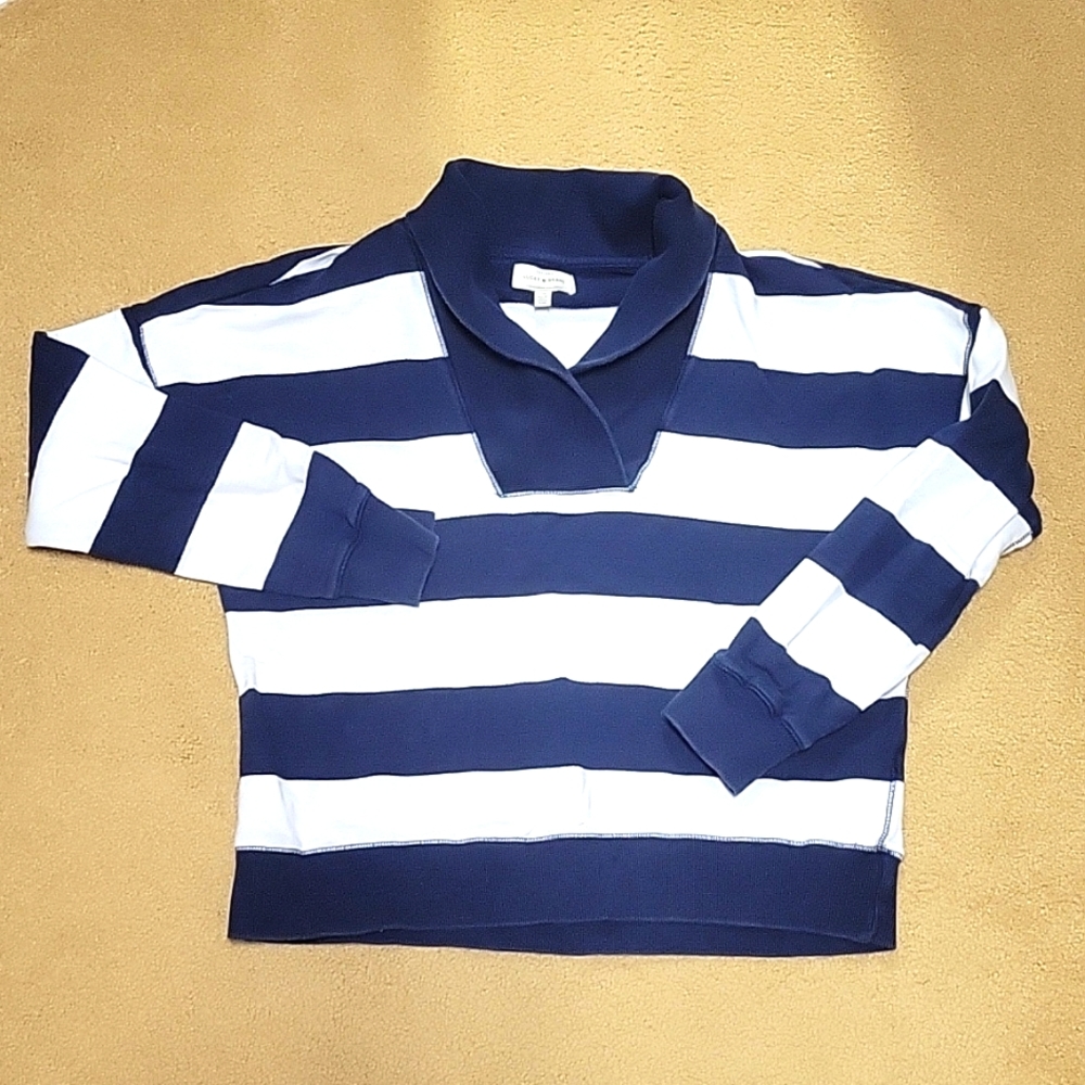 Lucky Brand 100% cotton women  sweater blue/white stripes long sleeves cropped S